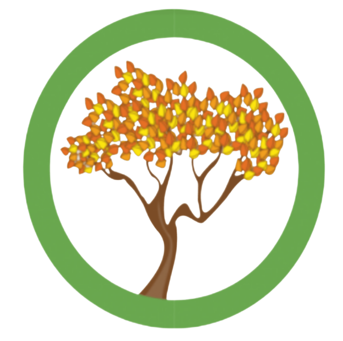 orange and yellow colored fall tree in green circle logo